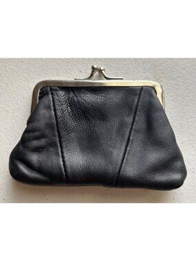 Vintage Black Leather Coin Purse Silver-Tone Kiss Lock Closure Compact Design